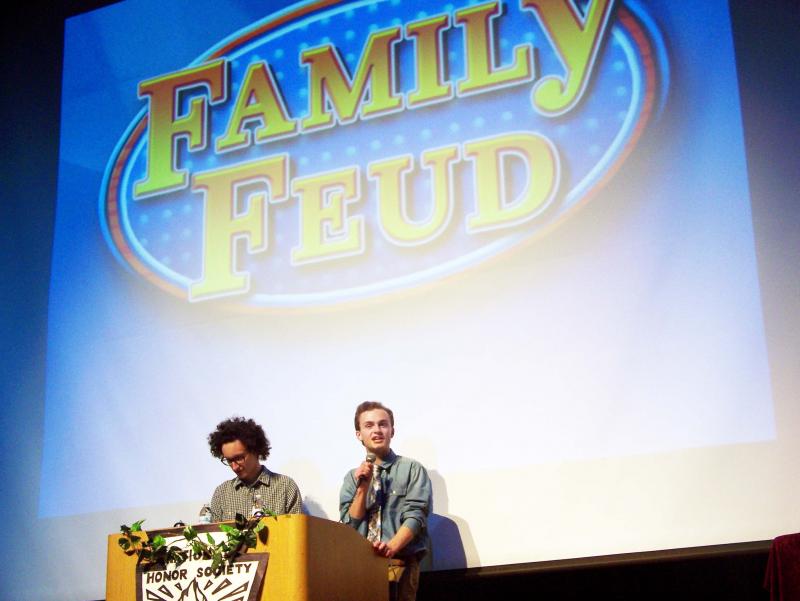 James Cassell, left, and Patrick Kitchen introduce themselves to the audience and explain the rules of the game. BY MATTHEW BERNAT